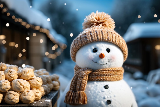 Uomo di neve e biscotti sullo sfondo di una casa di legno nello sfondo natalizio del villaggio