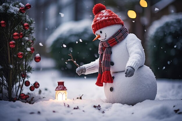 uomo di neve festivo nel cortile e l'umore natalizio generativo ai