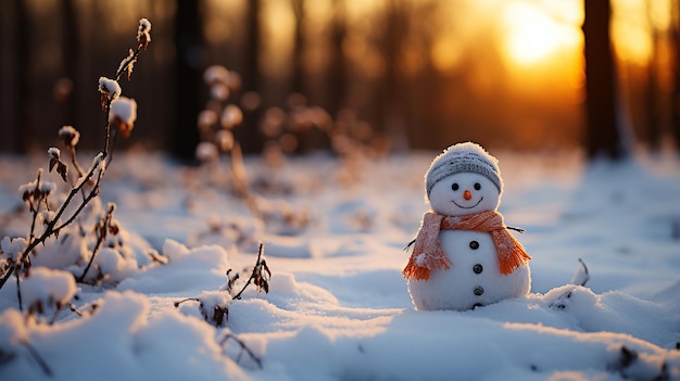 uomo di neve in inverno scena di Natale con alberi di pino di neve e luce calda