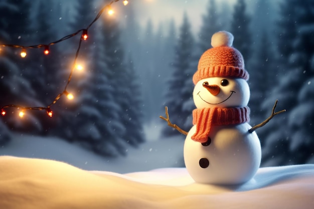 Uomo di neve nella neve di fronte a luci luminose e sfocato sullo sfondo Concept di Natale