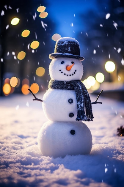 uomo di neve sopra la vigilia di Natale sfocata