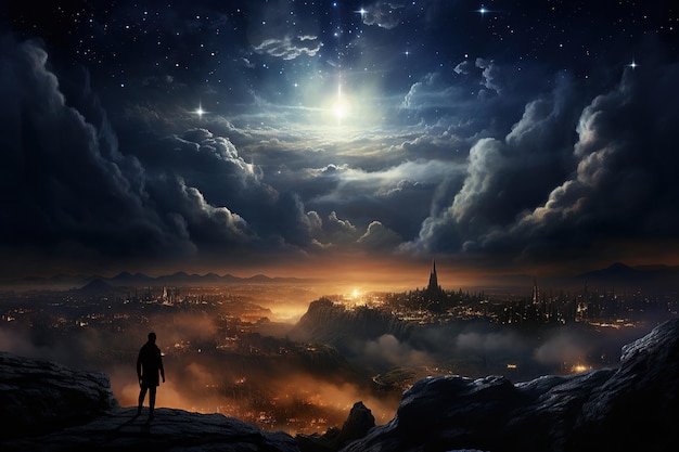Uomo di notte che guarda in basso su una fantastica città in piena luce contro un drammatico cielo nuvoloso Generazione AI