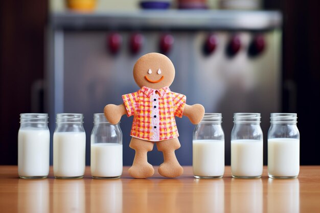 Uomo di pan di zenzero in piedi tra tazze di latte