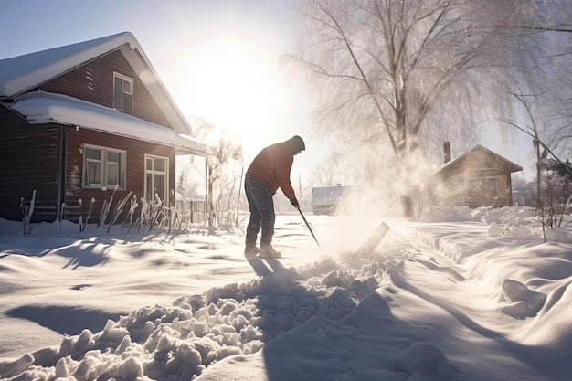 Uomo di rimozione della neve che schiarisce la neve sulla strada vicino alla casa di campagna con la pala dopo la nevicata all'aperto