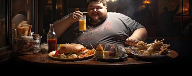 Uomo di taglia plus che mangia cibo spazzatura in un ristorante Generative ai