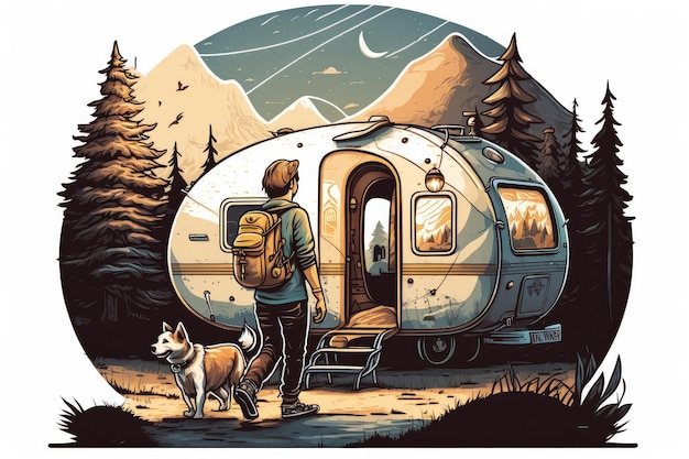 Uomo di viaggio con il cane in montagna escursionismo Viaggiare con un animale domestico