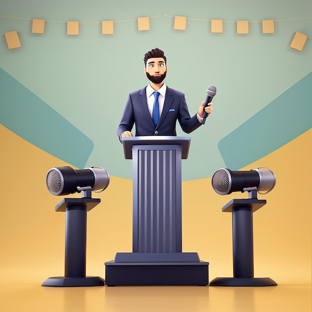 Uomo dibattito sul podio che tiene il microfono Cartoon Vector Icon Illustrazione Persone Tecnologia Icon Concept Isolato Premium Vector FlatCartoon Style
