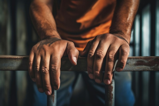 Uomo dietro le sbarre della prigione Le mani degli uomini riposano sulle sbarre di una prigione o di una cella di prigione Concetto di conclusione Delitto e castigo Primo piano Repressione Giustizia