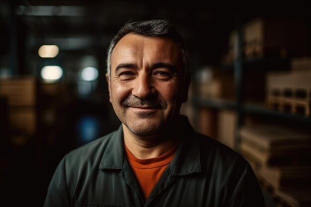 Uomo dipendente maturo e allegro che guarda la telecamera in officina AI generativa