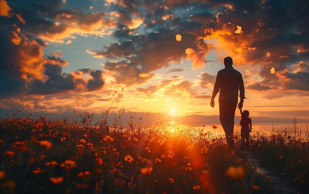 Uomo e bambino che camminano attraverso il campo al tramonto AI generativa