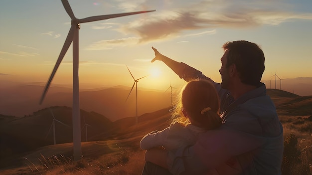 Uomo e bambino testimoniano la bellezza delle energie rinnovabili al tramonto Turbine eoliche in alto Un momento di consapevolezza ecologica e legame familiare Concetto di energia pulita AI