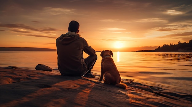 Uomo e cane seduti insieme sulla spiaggia al tramonto