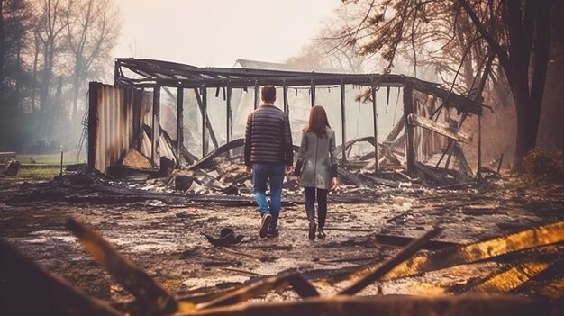 Uomo e donna abbandonati che camminano vicino alla casa bruciata IA generativa