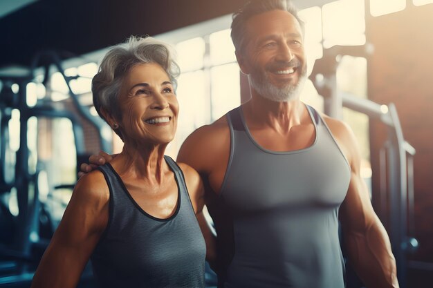 Uomo e donna anziani atletici in palestra prima dell'allenamento