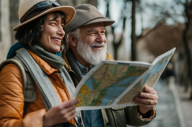 Uomo e donna anziani sorridenti che si divertono a fare sightseeing con una mappa in un ambiente urbano