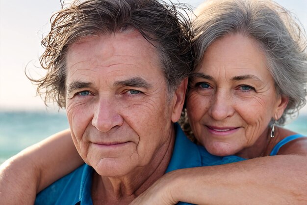 Uomo e donna anziani sorridenti sulla spiaggia sullo sfondo delle onde dell'oceano coppia anziana amorevole vecchiaia felice vecchiaia IA generativa