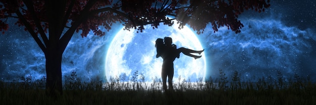 Uomo e donna che baciano sullo sfondo di una grande luna piena, illustrazione 3d