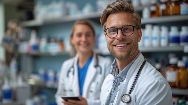 Uomo e donna che lavorano in un laboratorio di farmacia