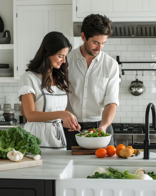 Uomo e donna che preparano un'insalata in cucina