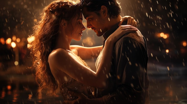 Uomo e donna che si abbracciano sotto la pioggia Momento intimo catturato sotto una pioggia di precipitazioni