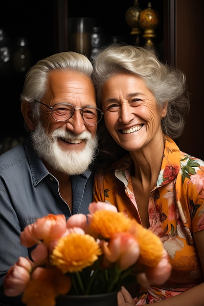 Uomo e donna che sorridono mentre tengono in mano un cesto di cibo AI generativa