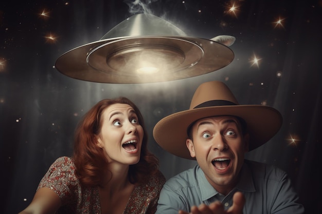 uomo e donna con cappelli metallici emozioni esagerate nave spaziale futuristica UFO nel cielo concetto di teoria della cospirazione