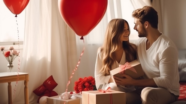 uomo e donna con un regalo in scatola con palloncini a forma di cuore rosso a casa