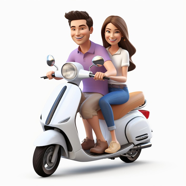 Uomo e donna del fumetto 3D che guidano uno scooter isolato