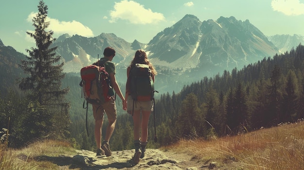 Uomo e donna escursionisti in montagna Una giovane coppia che cammina con gli zaini nella foresta dei Tatra in Polonia Vecchio stile fotografico vintage