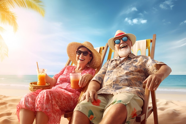 Uomo e donna felici senior sulla spiaggia con cocktail