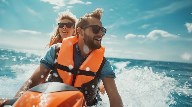 Uomo e donna in barca a motore nell'oceano