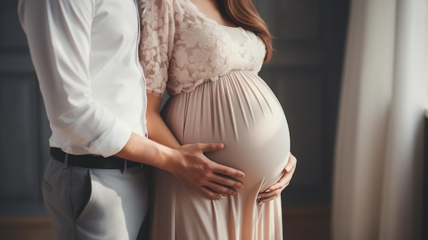 Uomo e donna in braccio, gravida, in attesa di un bambino, mani di famiglia felici sullo stomaco, primo piano.