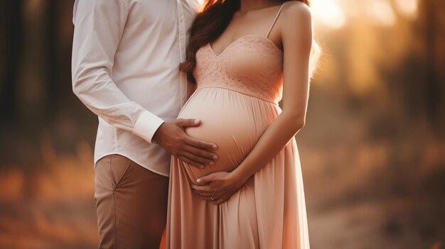 Uomo e donna in braccio, gravida, in attesa di un bambino, mani di famiglia felici sullo stomaco, primo piano.