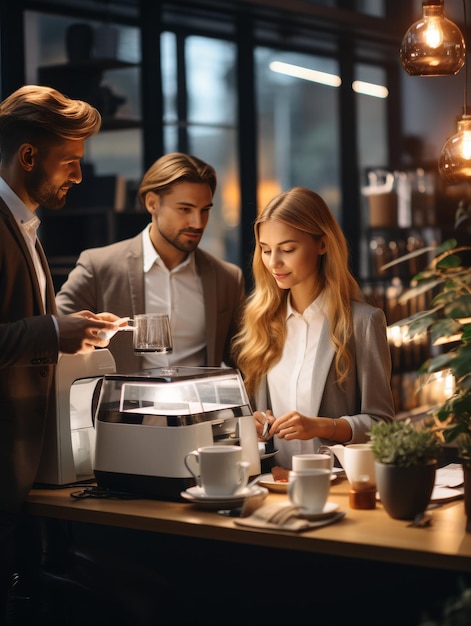 Uomo e donna in piedi davanti alla macchina del caffè