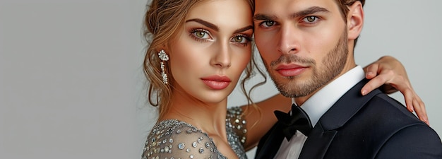 Uomo e donna in una coppia di moda Uomo elegante in abito e opulento glamour ragazza con vestito d'argento Acconciatura serale e cosmetici su uno sfondo grigio