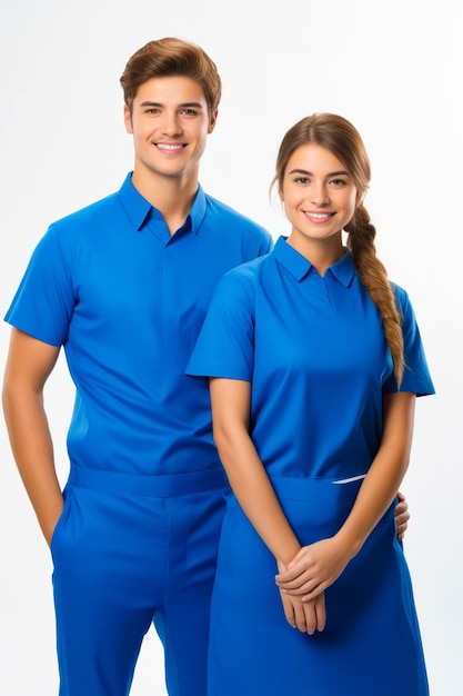 Uomo e donna in uniforme blu che posano per una foto AI generativa