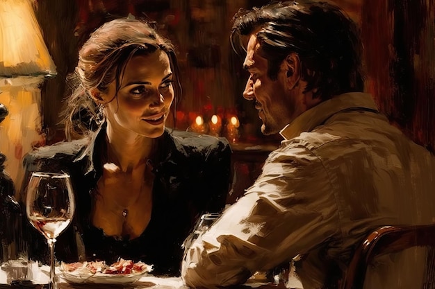 Uomo e donna innamorati al ristorante per una cena romantica Pittura ad olio Illustrazione dell'IA generativa