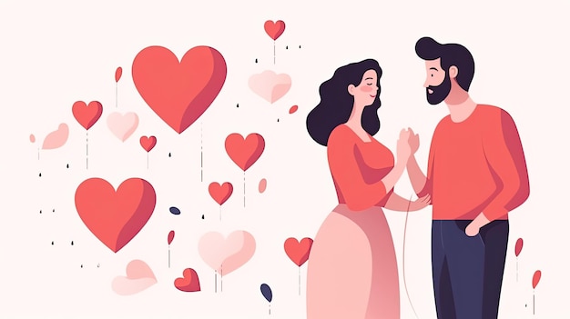 Uomo e donna innamorati con i cuori coppie d'amore romantiche che si guardano a vicenda illustrazione di cartoni animati