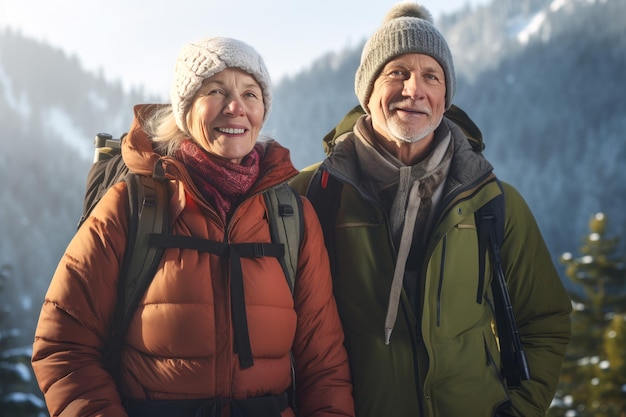 Uomo e donna maturi che fanno un'escursione nella foresta invernale e nelle montagne Viaggi e stile di vita attivo dei pensionati