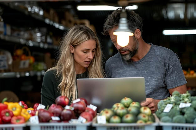 Uomo e donna monitorano lo schermo del portatile in un magazzino di cibo affollato