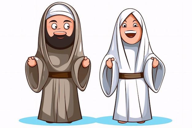 Uomo e donna musulmani del fumetto che indossano abbigliamento ihram generativo ai