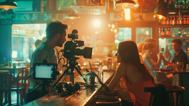 Uomo e donna seduti al bar con una telecamera generativa AI