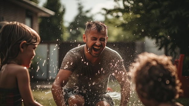 Uomo e due bambini che giocano in acqua Festa del papà