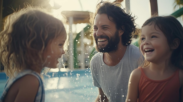 Uomo e due bambini in acqua Divertimento in famiglia in spiaggia Giornata estiva