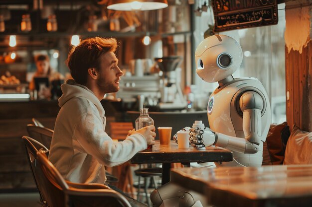 Uomo e robot seduti in un caffè luminoso