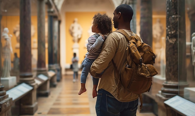 Uomo e sua figlia nella sala del museo