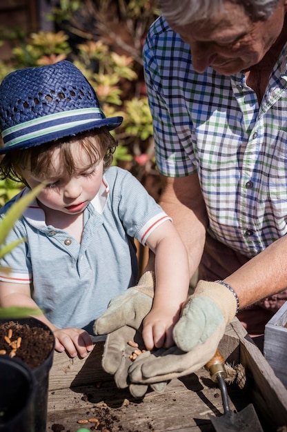 Uomo e un bambino che fanno giardinaggio piantando semi