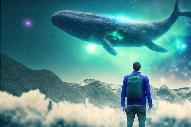 Uomo e una balena Concetto di viaggio nello spazio esterno che mostra un uomo che guarda la balena gigante che vola nel bel cielo Pittura illustrativa in stile arte digitale