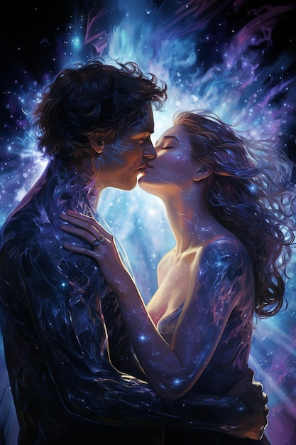 uomo e una donna che si baciano in una galassia