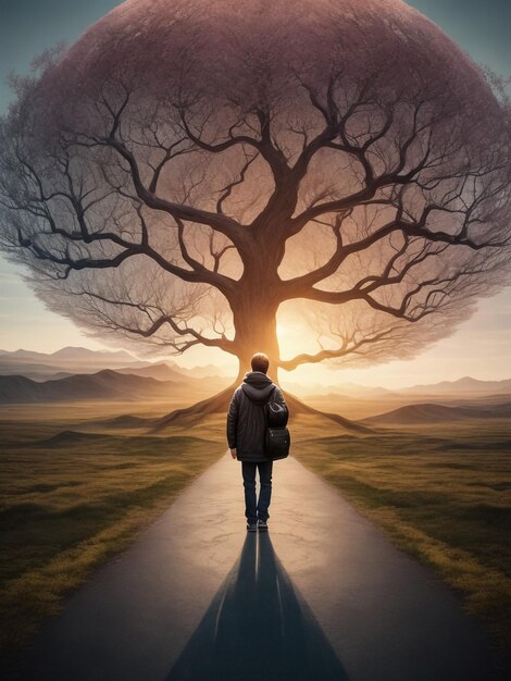 Uomo e vecchio albero magico Paesaggio fantastico con un albero magico e un uomo in piedi su una collina Silhouette
